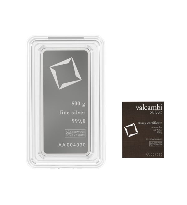 Perspectiva frontal del lingote minted de plata de 500gr de la marca Valcambi y su certificado de autenticidad
