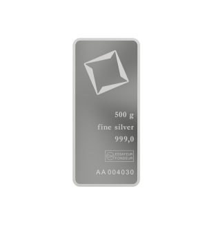 Perspectiva frontal del lingote de plata minted de 500 gr de la marca Valcambi