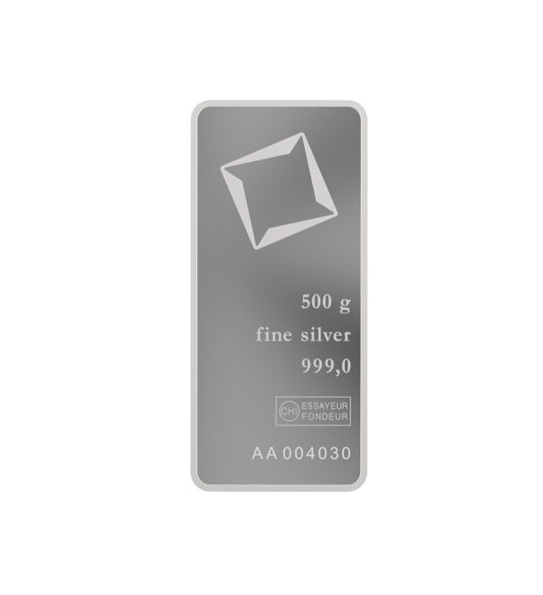 Perspectiva frontal del lingote de plata minted de 500 gr de la marca Valcambi