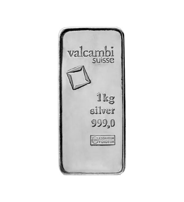 Perspectiva frontal del lingote de plata Valcambi de 1kg
