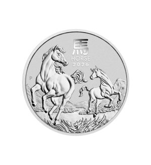 Perspectiva frontal de la moneda de plata Año del Caballo de 1oz de 2026