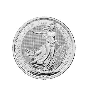 Perspectiva frontal de la cruz de la moneda de plata Britannia de 1oz de 2026, que muestra la representación de la diosa portando una lanza