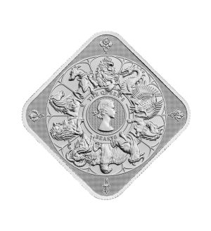 moneda-cuadrada-bestias-de-la-reina-plata-1oz-2025 Perspectiva frontal del lingote de plata Bestias de la Reina de 1oz de 2025