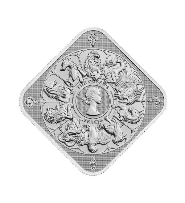 moneda-cuadrada-bestias-de-la-reina-plata-1oz-2025 Perspectiva frontal del lingote de plata Bestias de la Reina de 1oz de 2025