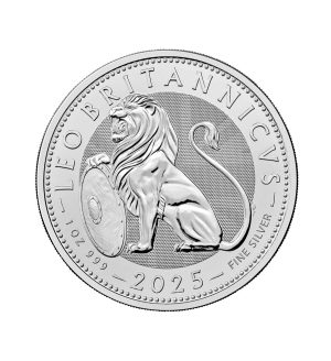 Perspectiva frontal de la cruz de la moneda de plata León británico de 1oz de 2025