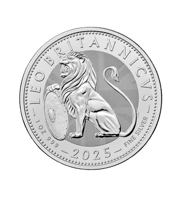moneda-leon-britanico-plata-1oz-2025 Perspectiva frontal de la cruz de la moneda de plata León británico de 1oz de 2025