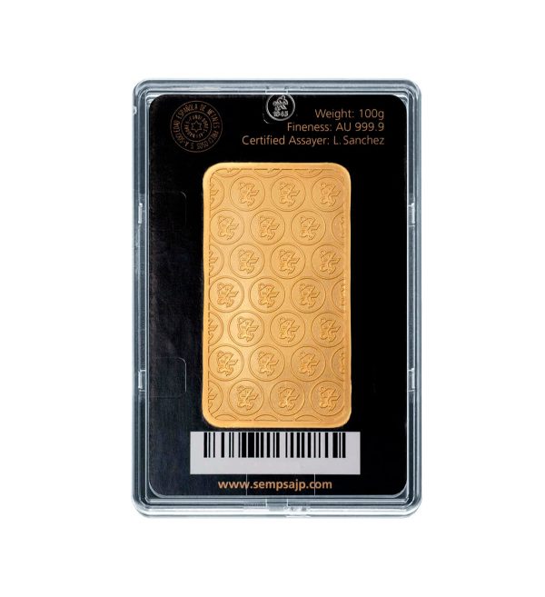 anverso-lingote-sempsa-jp-oro-100gr Perspectiva frontal del anverso del lingote de oro Sempsa JP de 100gr