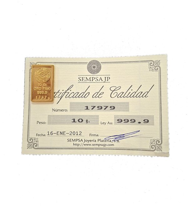 Lingote Certificado Oro Sempsa 10 g