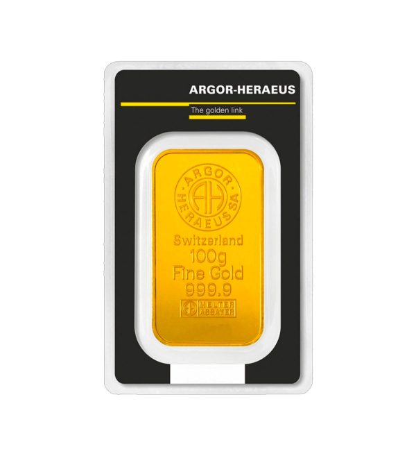lingote-argor-heraeus-100-g-oro-minted Perspectiva frontal del lingote de oro Argor Heraeus de 100g de oro minted