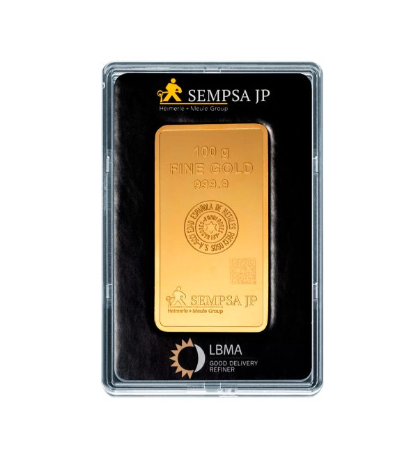 lingote-sempsa-jp-oro-100gr Perspectiva frontal del lingote de oro Sempsa JP de 100gr