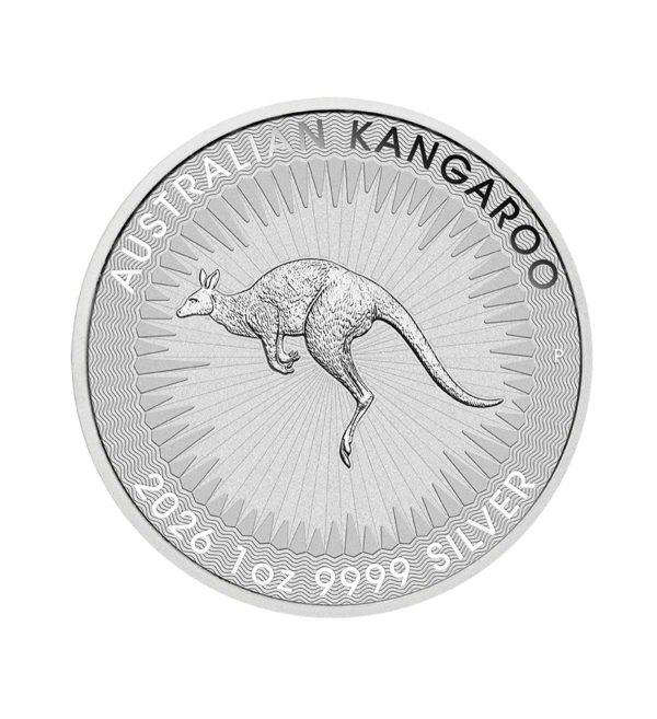Perspectiva frontal de la cruz de la moneda de plata Canguro australiano de 1oz de 2026, que muestra al canguro en posición de salto