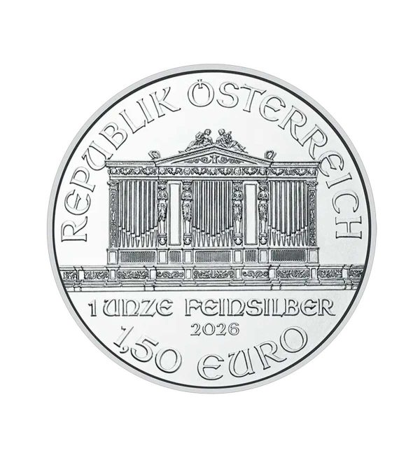 Perspectiva frontal de la cara de la moneda de plata Filarmónica de Viena de 1oz de 2026