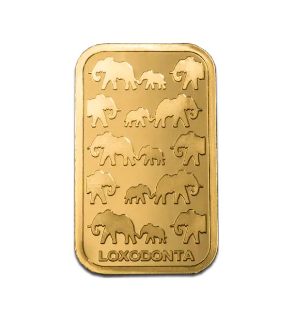 Perspectiva frontal del reverso del lingote de oro Loxodonta Africana de 10g