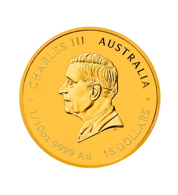 Perspectiva frontal de la cara de la moneda de oro Año del Caballo de 1/10oz de 2026, que muestra el rostro de Carlos III