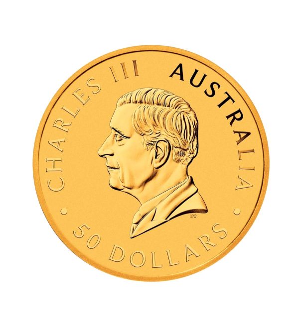 Perspectiva frontal de la cara de la moneda de oro de 1/4oz Canguro de 2026, que muestra a el rostro del monarca Carlos III