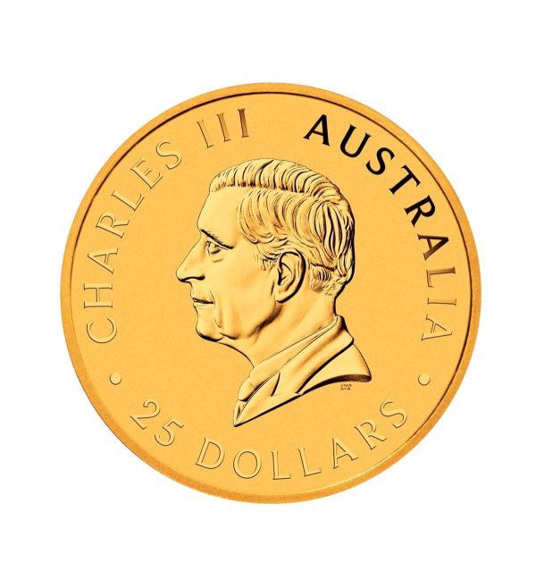 Perspectiva frontal de la cara de la moneda de oro de 1/4oz Canguro de 2026, que muestra a el rostro del monarca Carlos III