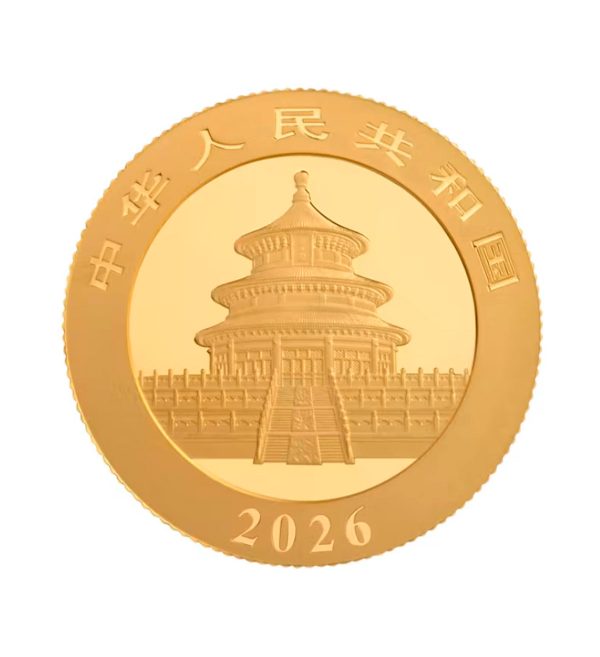 cara-moneda-panda-chino-oro-8-gr-2026 Perspectiva frontal de la cara de la moneda de oro Panda Chino de 8 gramos de 2026
