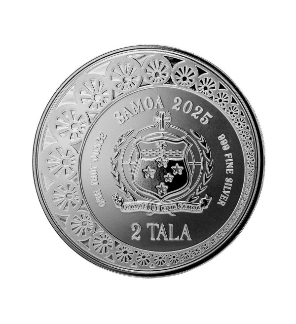 Perspectiva frontal de la cara de la moneda de plata Sirena de 1oz de 2025, que muestra el escudo de armas de Samoa