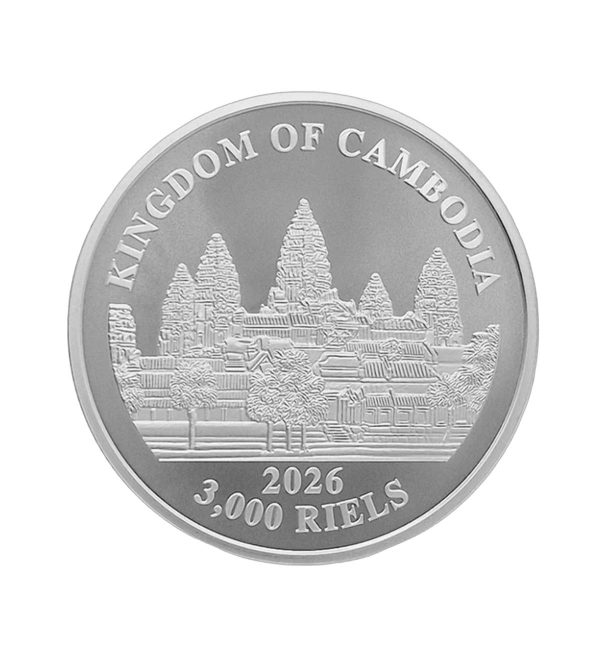 Perspectiva frontal de la cara de la moneda de plata policromada Tigres perdidos de Camboya de 1oz de 2026