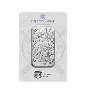 Perspectiva frontal del lingote de plata de 1oz del dios nórdico Loki