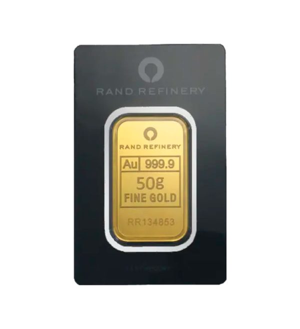 Perspectiva frontal del anverso del lingote de oro de 50 gramos Loxodonta Africana