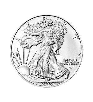 Perspectiva frontal de la cruz de la moneda de plata American Eagle de 1oz de 2026