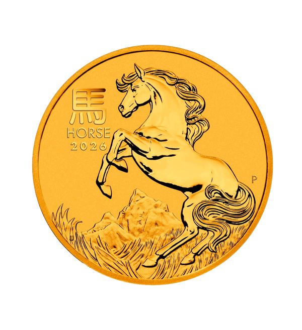 Perspectiva frontal de la cruz de la moneda de oro Año del Caballo de 2026, que muestra al animal alzando sus dos patas delanteras
