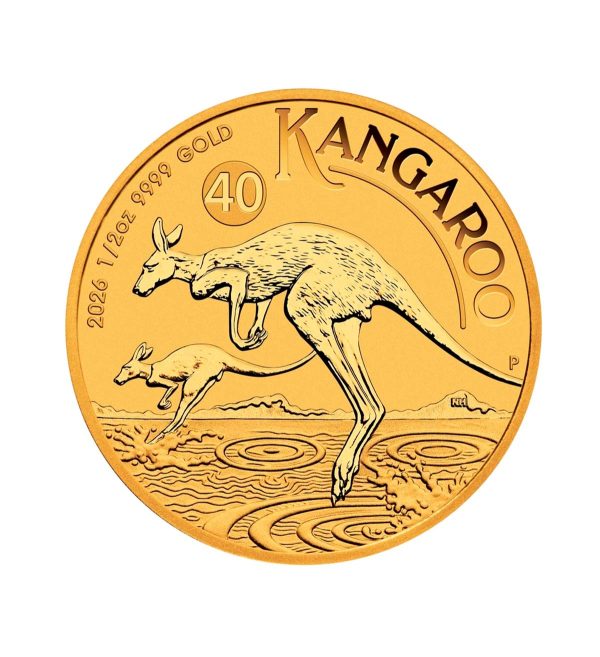 Perspectiva frontal de la cruz de la moneda de oro de 1/2oz Canguro de 2026, que muestra a dos animales saltando sobre pequeños charcos