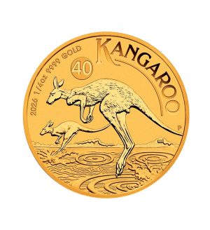 Perspectiva frontal de la cruz de la moneda de oro de 1/4oz Canguro de 2026, que muestra a dos animales saltando sobre pequeños charcos