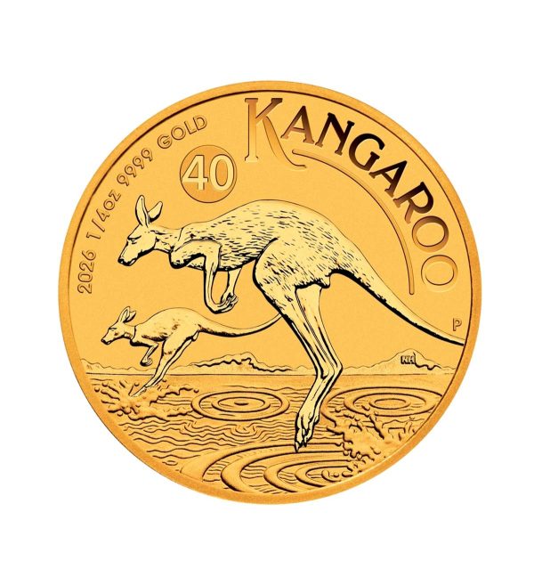 Perspectiva frontal de la cruz de la moneda de oro de 1/4oz Canguro de 2026, que muestra a dos animales saltando sobre pequeños charcos