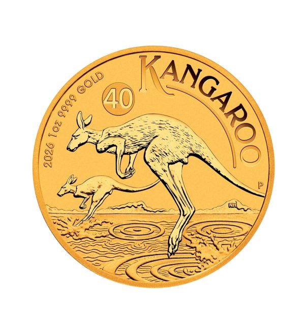 Perspectiva frontal de la cruz de la moneda de oro de 1oz Canguro de 2026, que muestra a dos animales saltando sobre pequeños charcos