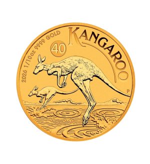 Perspectiva frontal de la cruz de la moneda de oro de 1/10oz Canguro de 2026, que muestra a dos animales saltando sobre pequeños charcos