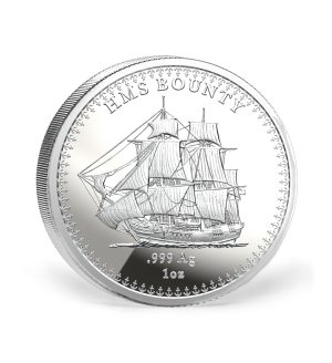 Perspectiva frontal de la moneda ded plata HMS Bounty de 1oz de 2026, que muestra el buque navegando por el mar