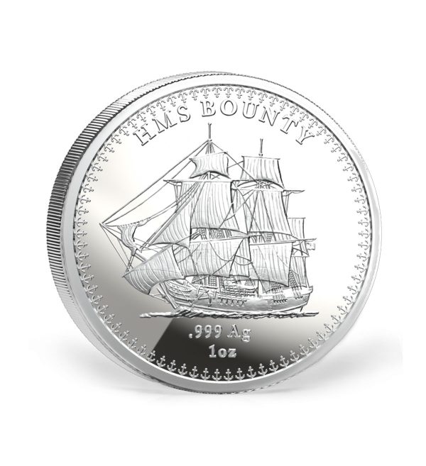 Perspectiva frontal de la moneda ded plata HMS Bounty de 1oz de 2026, que muestra el buque navegando por el mar