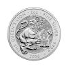 Perspectiva frontal de la cruz de la moneda de plata León de 2oz de 2026 — Serie Tudor, que muestra al felino portando el escudo