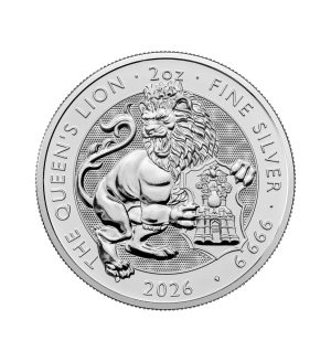 Perspectiva frontal de la cruz de la moneda de plata León de 2oz de 2026 — Serie Tudor, que muestra al felino portando el escudo