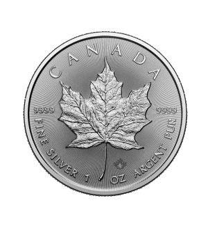 moneda-maple-leaf-plata-1oz-2026 Perspectiva frontal de la cruz de la moneda de plata Maple Leaf de 1oz de 2026