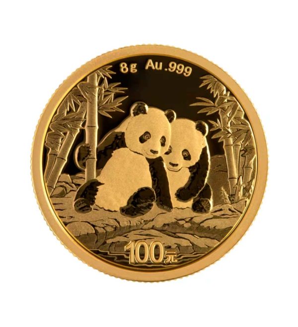 moneda-panda-chino-oro-8-gr-2026 Perspectiva frontal de la moneda de oro Panda Chino de 8 gramos de 2026