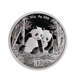 Perspectiva frontal de la moneda de plata Panda Chino de 30g de 2026, que muestra a una pareja de pandas en un bosque de bambús