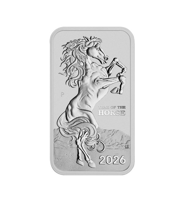 Perspectiva frontal de la moneda de plata rectangular Año del Caballo de 1oz de 2026