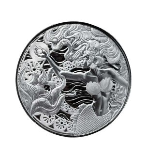 Perspectiva frontal de la cruz de la moneda de plata Sirena de 1oz de 2025