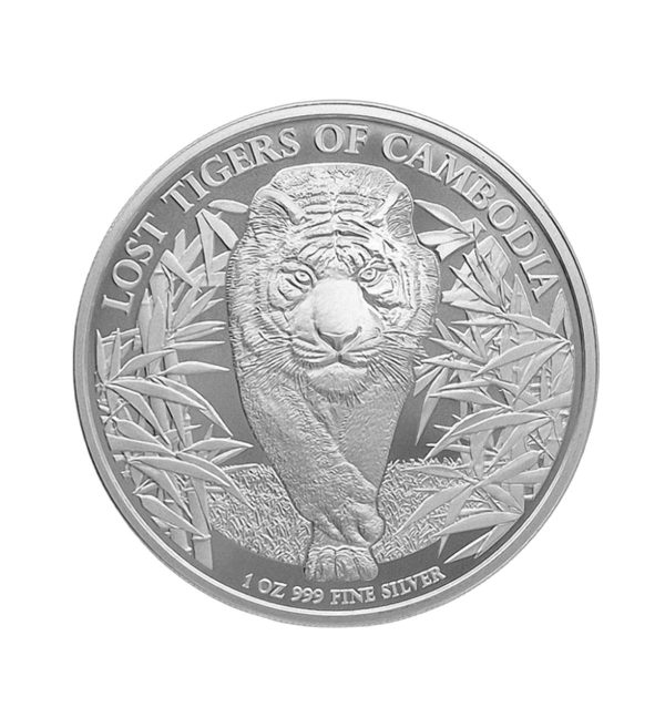 Perspectiva frontal de la cruz de la moneda de plata Tigres perdidos de Camboya de 1oz de 2026