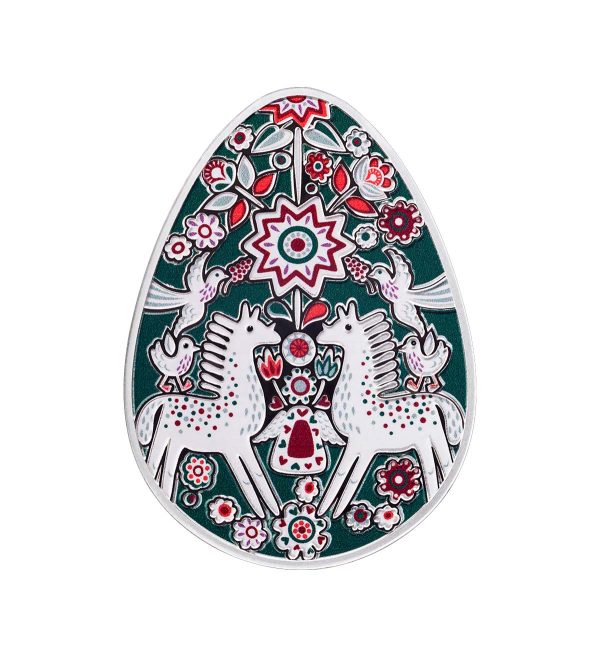 Perspectiva frontal de la cruz de la moneda de plata Zoretsvit de 1oz de 2026, con los típicos motivos florales de los huevos de pascua ucranianos