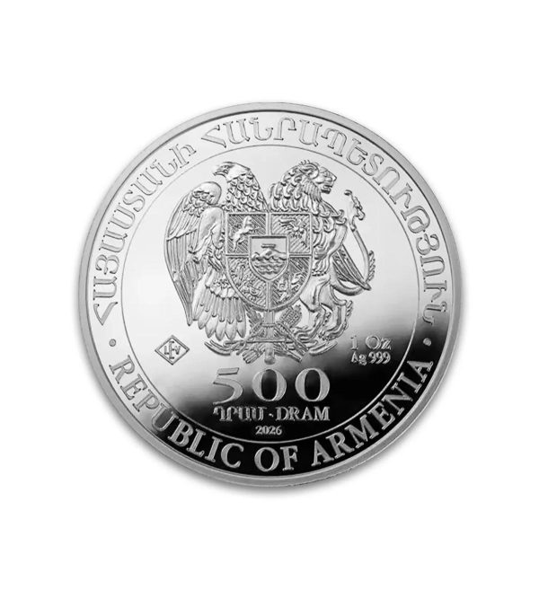 Perspectiva frontal de la cara de la moneda de plata Arca de Noé de 1oz de 2026