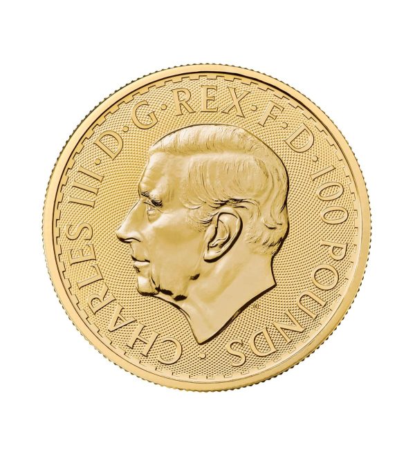 Perspectiva frontal de la cara de la moneda de oro Britannia de 1oz de 2026, que muestra el rostro de Charles III