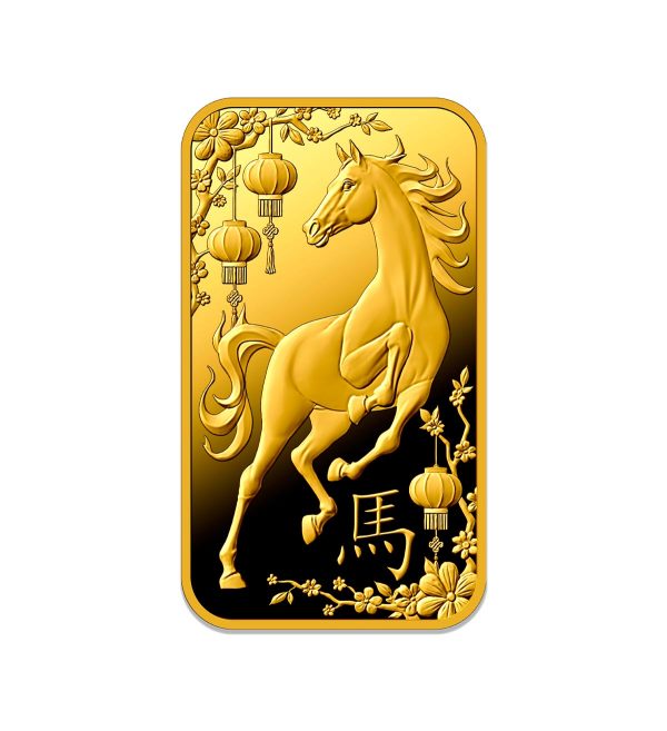 lingote-argor-heraeus-oro-5g-ano-del-caballo-2026 Perspectiva frontal del lingote de oro Argor-Heraeus Año del Caballo de 5g