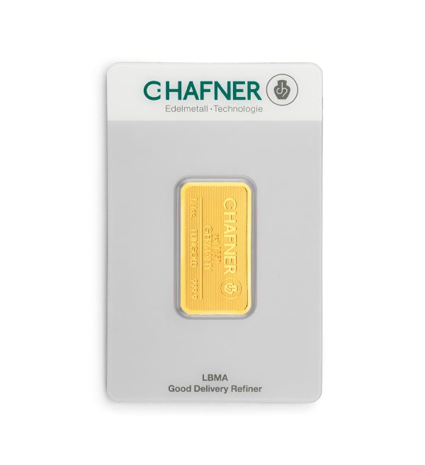 Perspectiva frontal del lingote de oro C.Hafner de 1/4