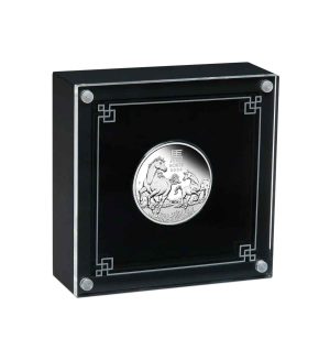 Perspectiva frontal de la moneda de plata Año del Caballo de 1oz de 2026 con caja