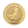 Perspectiva frontal de la cruz de la moneda de oro Britannia de 1oz de 2026, que muestra a la diosa portando un tridente