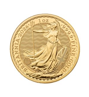 moneda-britannia-oro-1-oz-2026 Perspectiva frontal de la cruz de la moneda de oro Britannia de 1oz de 2026, que muestra a la diosa portando un tridente